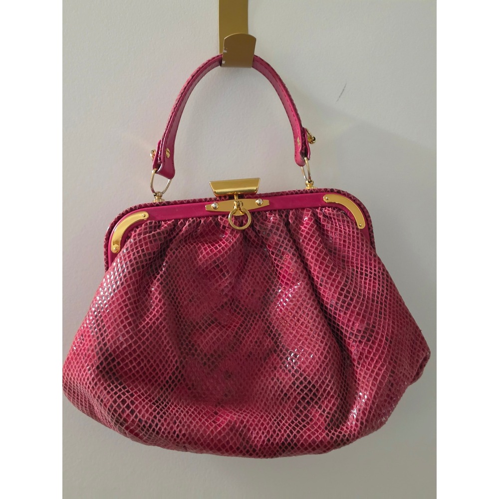 Vintage Style Magenta Faux Snakeskin Frame Handbag Gold Hardware Top Handle Bag